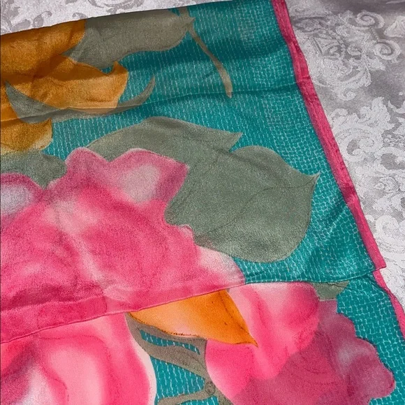 Vintage Floral Scarf with Pink and Orange Flowers - Picture 2 of 2